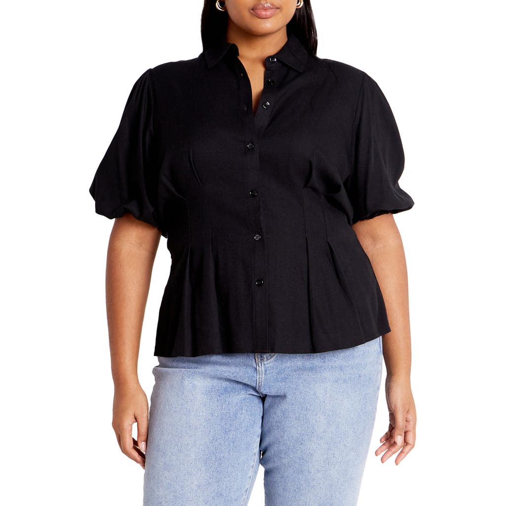 City Chic Betty Short Sleeve Button-up Shirt In Black