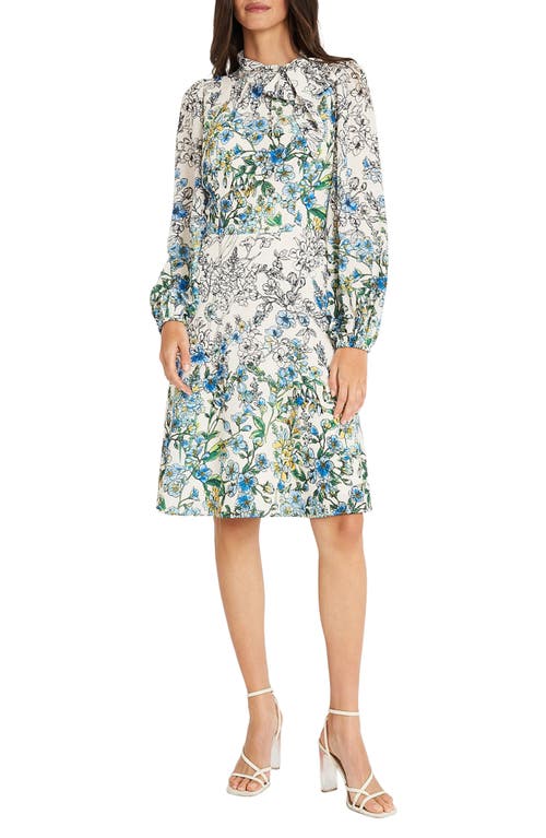 Maggy London Floral Print Long Sleeve Dress In Ivory/blue
