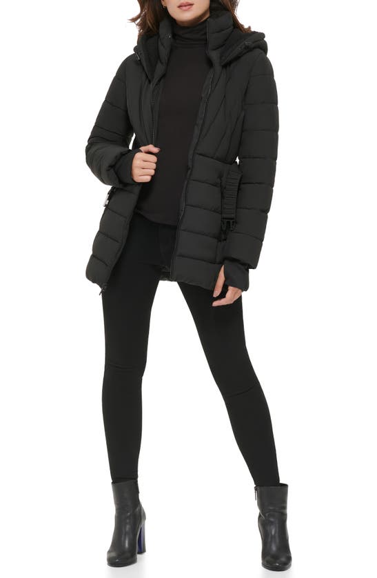 Shop Kenneth Cole New York Berber Belted Stretch Water Resistant Hooded Puffer Jacket In Black