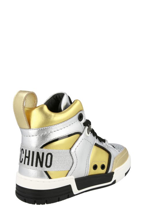 Moschino Streetball Asymmetrical High-top Sneakers In Silver/gold Multi
