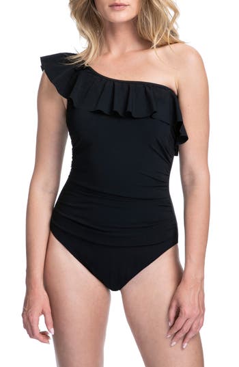 Shop Profile By Gottex Tutti Frutti One-shoulder One-piece Swimsuit In Black