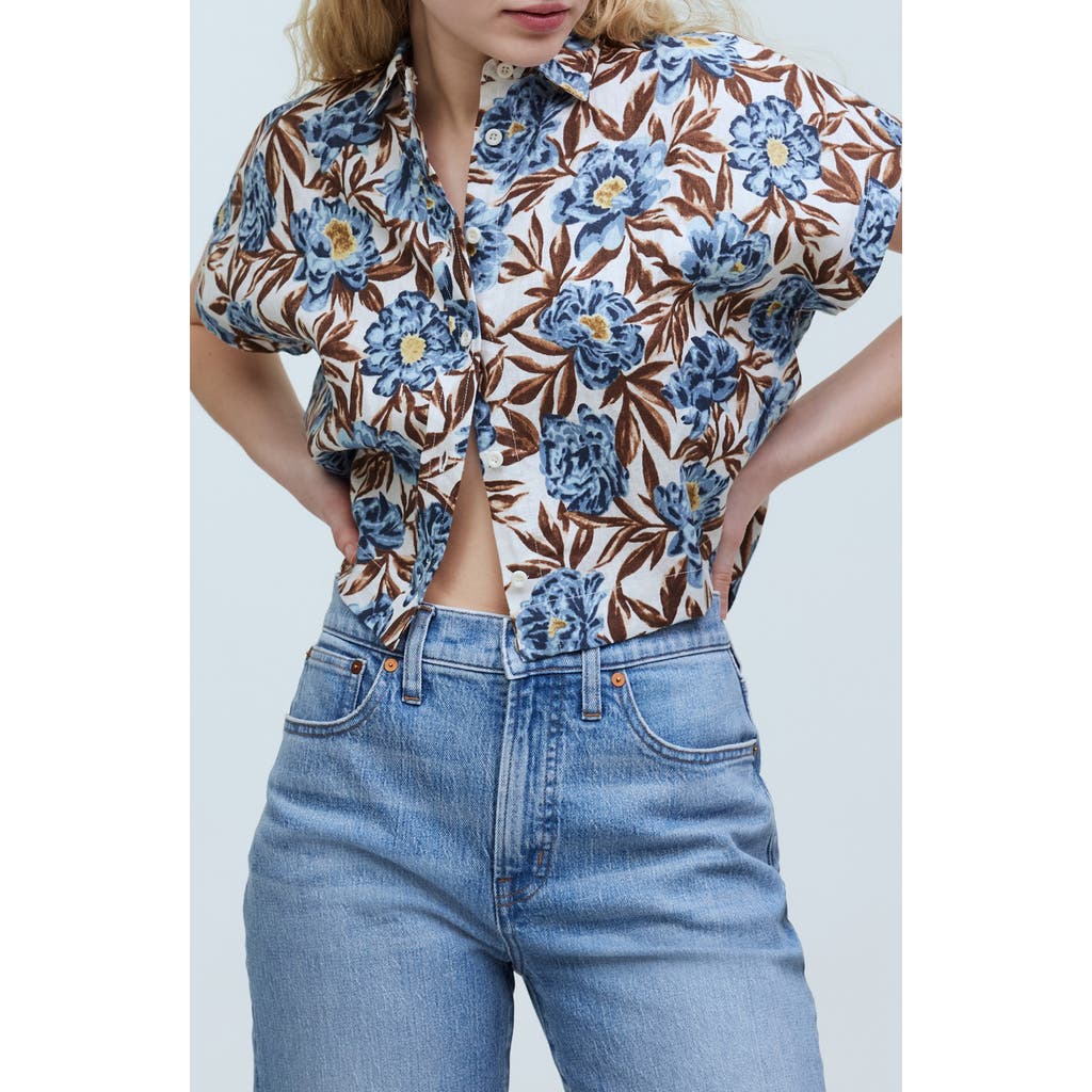Madewell Floral Short Sleeve Linen Crop Button-up Shirt In Stonewash Blue