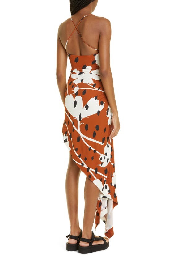 Shop Monse Ruched Floral Print Asymmetric Jersey Dress In Brown Multi