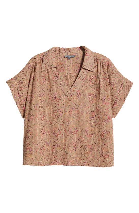 Shop Wit & Wisdom Embroidered Floral Short Sleeve Woven Top In Mocha Multi