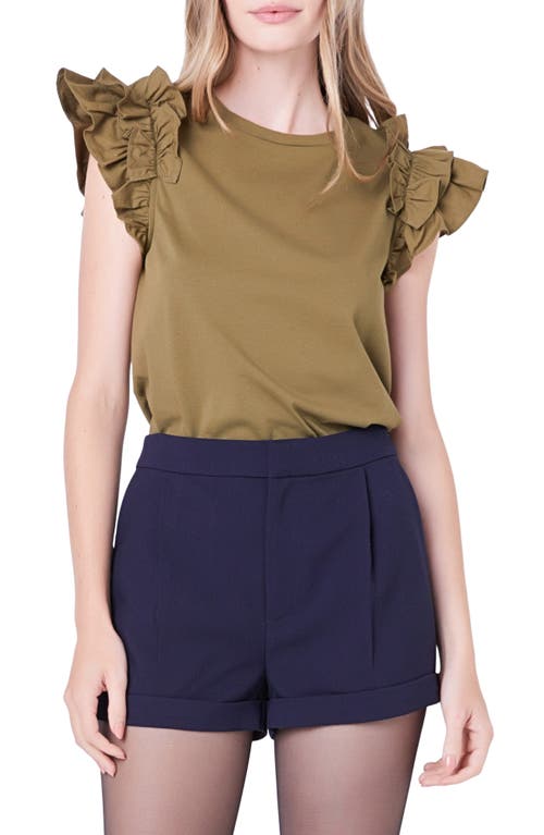 English Factory Ruffle Sleeve Mix Media Cotton Top Olive at Nordstrom,