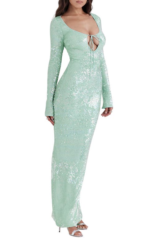 Shop House Of Cb Titania Sequin Long Sleeve Gown In Mist Green