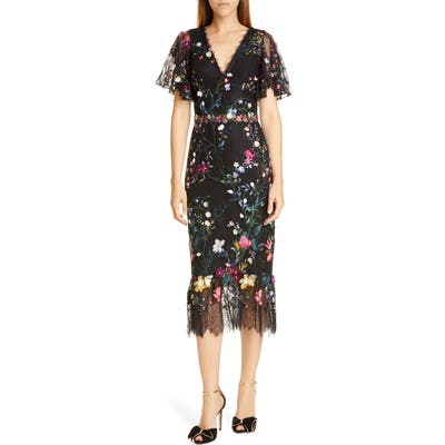 Marchesa Notte Embroidered Flutter Sleeve Lace Cocktail Dress, Black