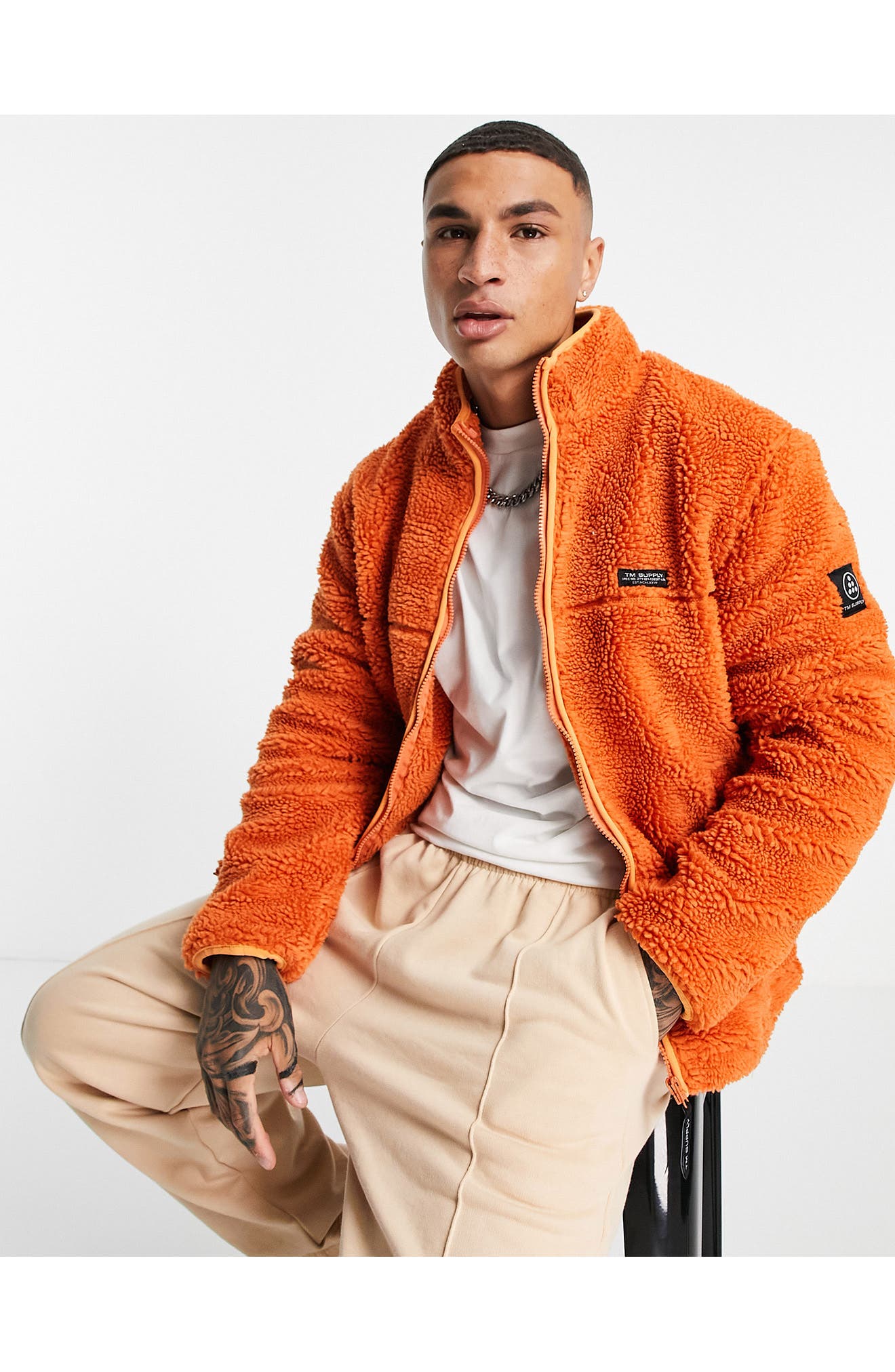 Topman Fleece Shearling Jacket in Orange