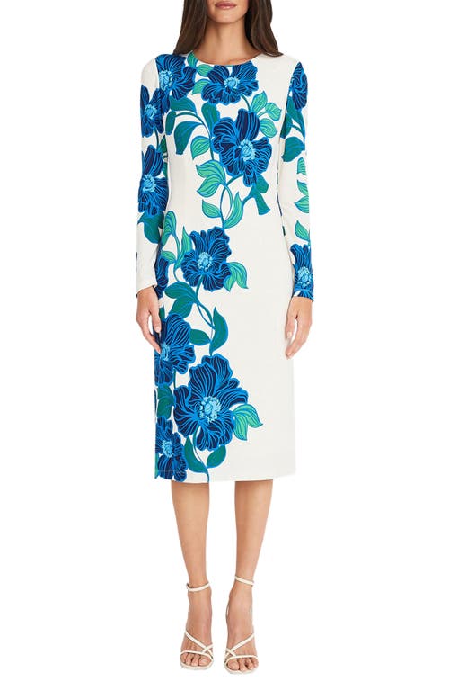 Maggy London Floral Long Sleeve Knit Midi Dress In Soft White/cobalt