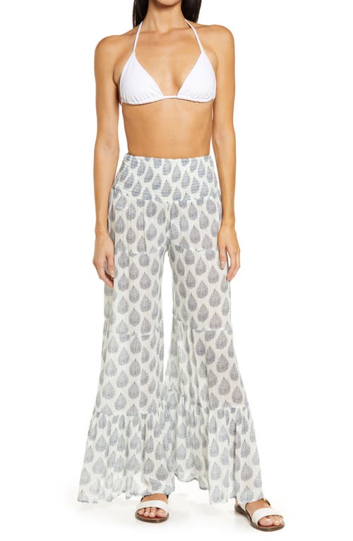 Ruffle Trim Wide Leg Cover-Up Pants in Off White/Navy