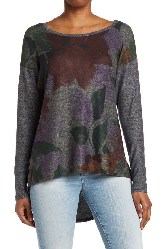 Go Couture Boatneck Hi-low Tunic Sweater In Charcoal Print 3