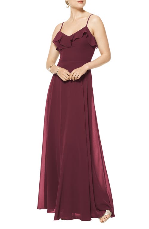 #Levkoff Ruffle V-Neck Chiffon Gown in Wine