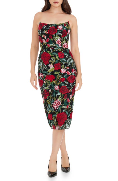 Dress the Population Cosette Floral Embroidered Strapless Body-Con Black Multi at Nordstrom,