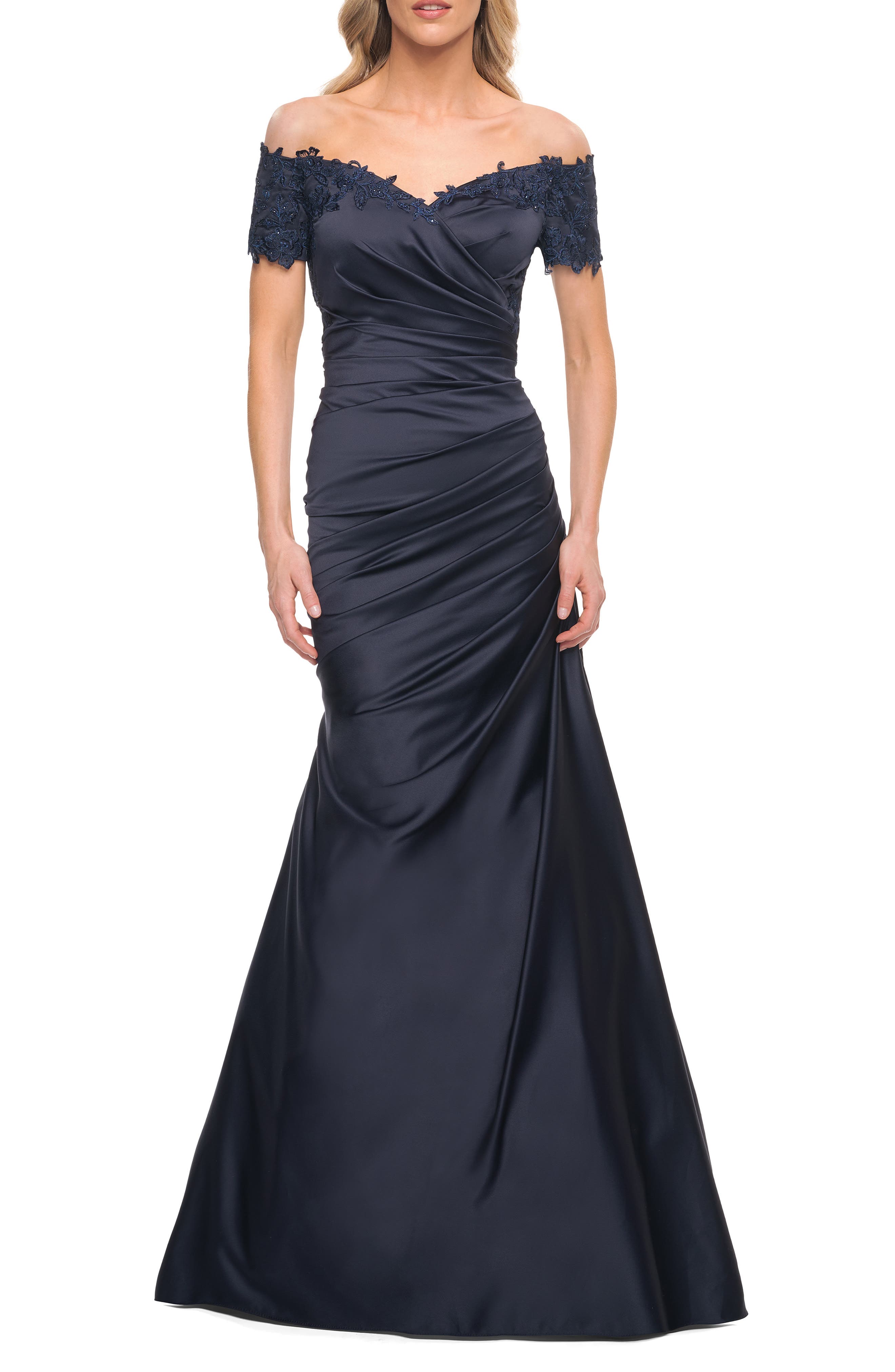 off the shoulder navy gown