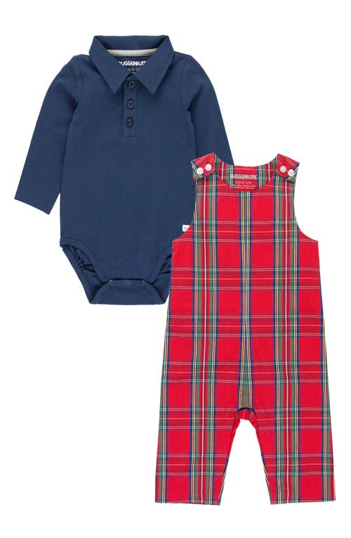 Shop Ruggedbutts Tis The Season Bodysuit Polo & Plaid Overalls Set In Red