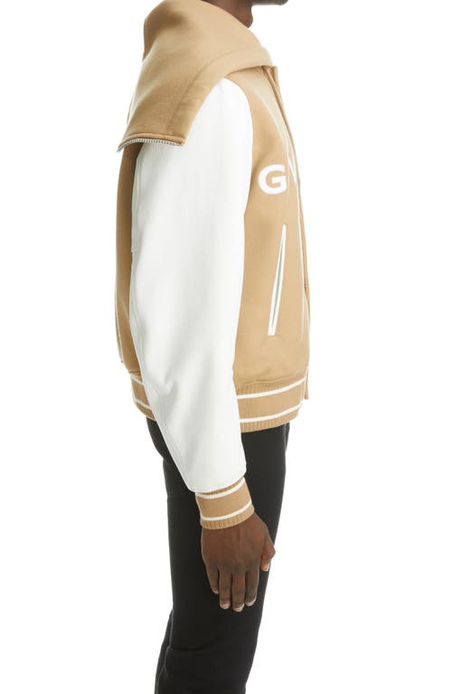 Shop Givenchy Mixed Media Logo Wool Blend Varsity Jacket In White/beige