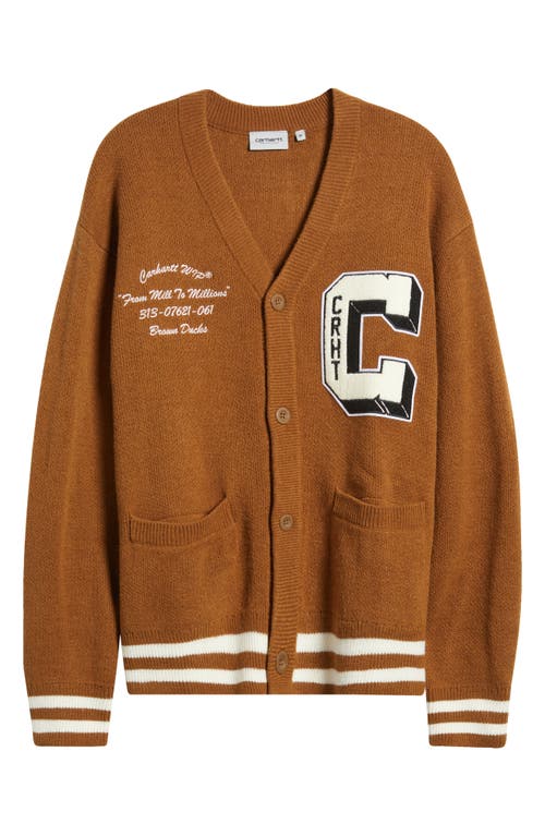 Shop Carhartt Work In Progress Brown Ducks Embroidered Varsity Cardigan In Hamilton Brown/wax