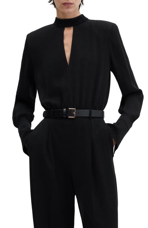 MANGO Belted Long Sleeve Jumpsuit Black at Nordstrom,