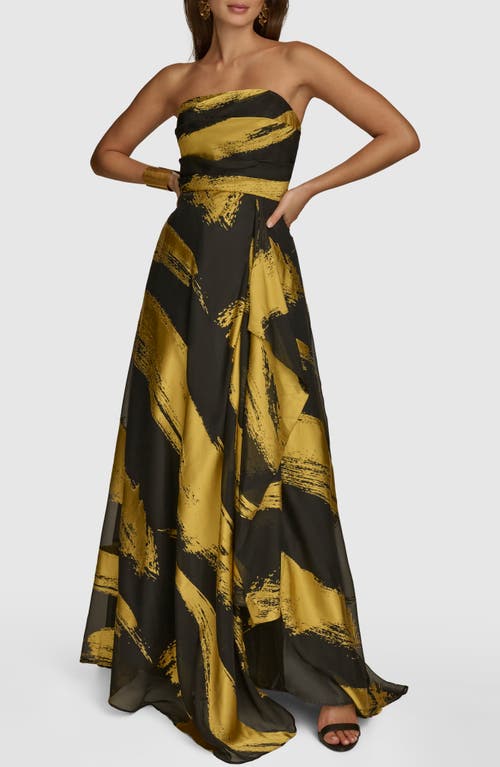 Shop Donna Karan New York Metallic Brushstroke Print Strapless Gown In Black/gold