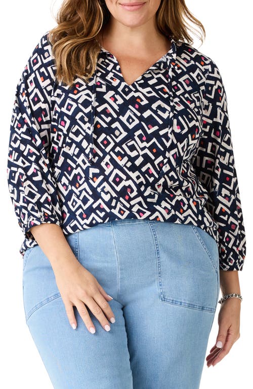 NIC+ZOE Indigo Angles Split Neck Linen Blend Top Multi at Nordstrom