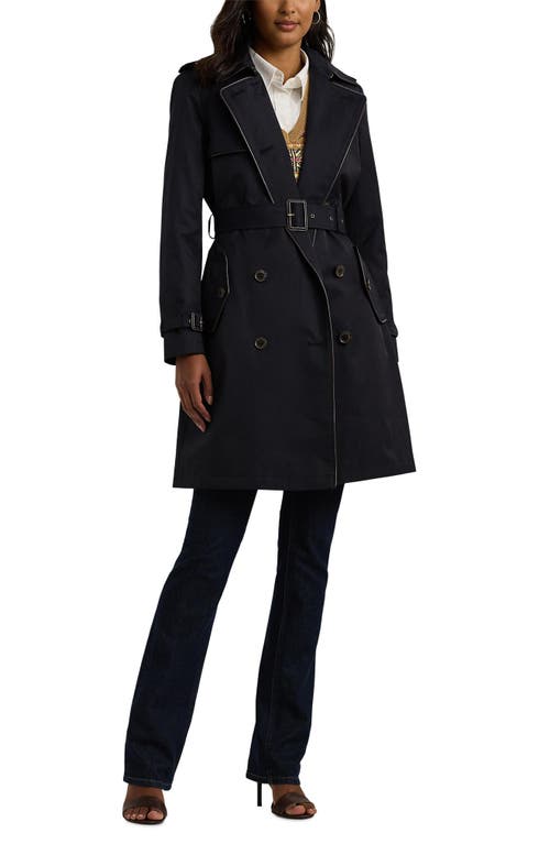 Shop Lauren Ralph Lauren Belted Water Resistant Double Breasted Trench Coat In Dark Navy