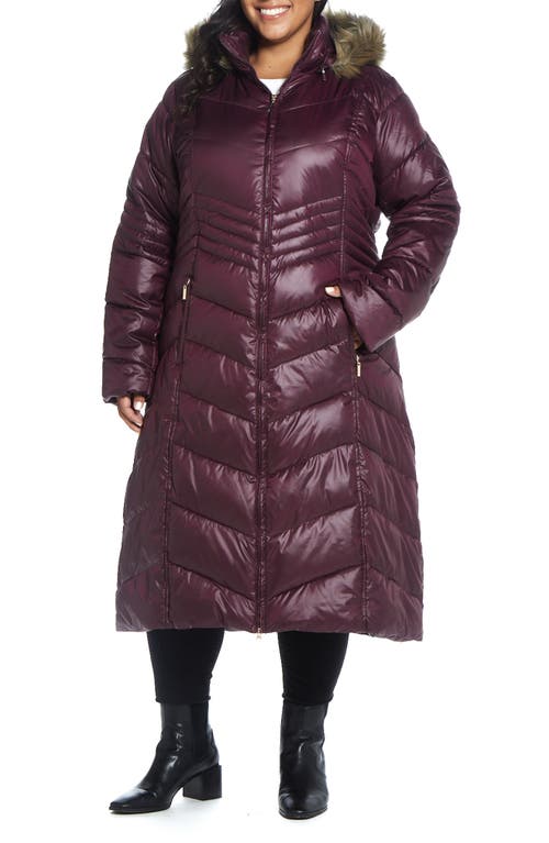 Hooded Maxi Puffer Coat with Faux Fur Trim in Port