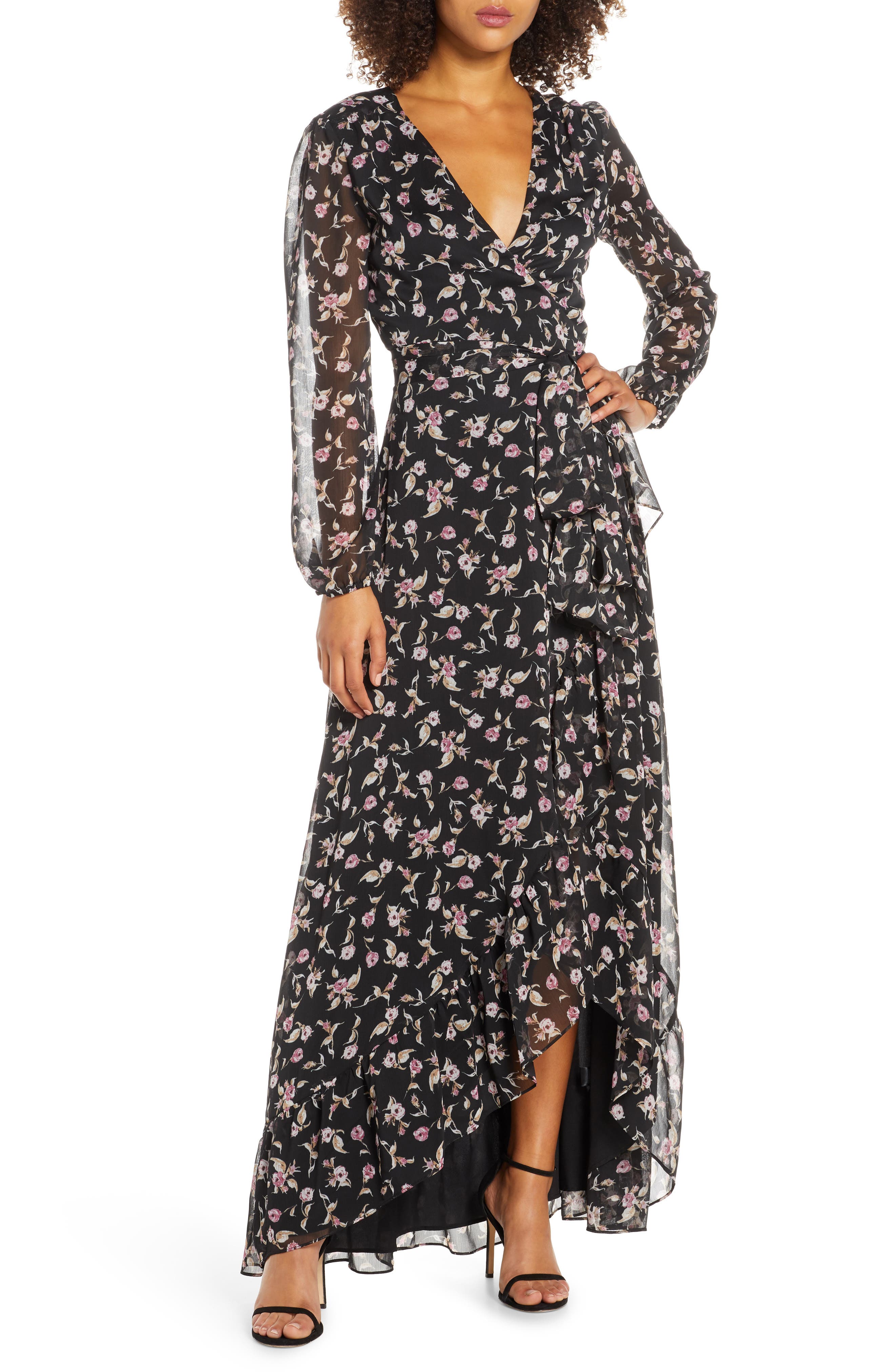 wrap floral long sleeve dresses