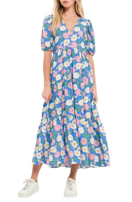 English Factory Floral Puff Sleeve Midi Dress in Blue