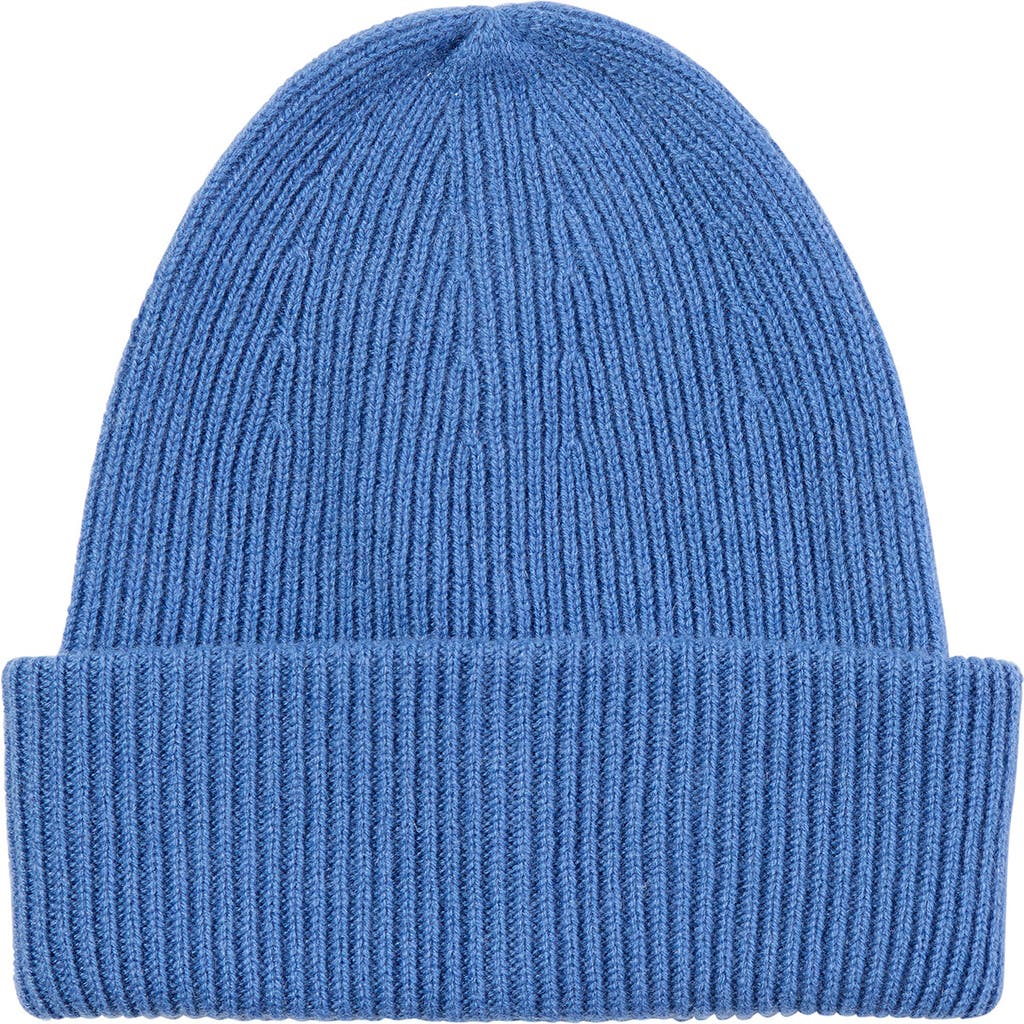 Amicale Ribbed Cashmere Double Cuff Beanie In Mid Blue
