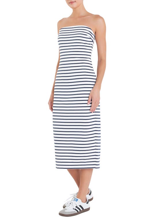 Shop English Factory Stripe Strapless Cotton Midi Dress In White/navy