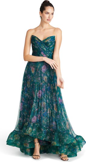 Moira Floral Pleated Strapless High Low Gown