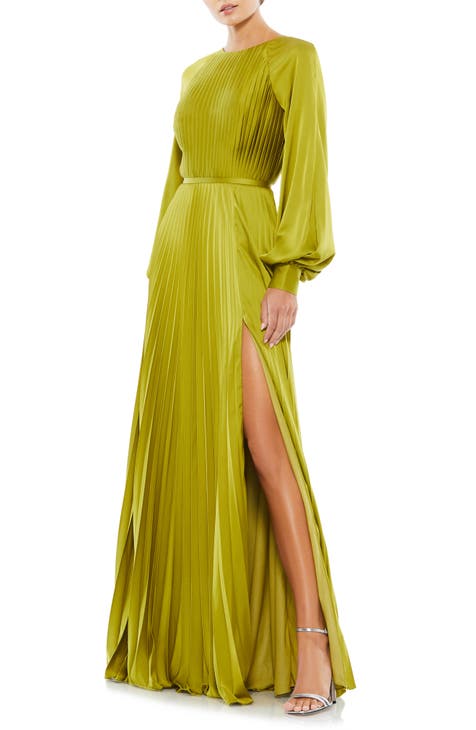 Pleated Long Sleeve Satin A-Line Gown