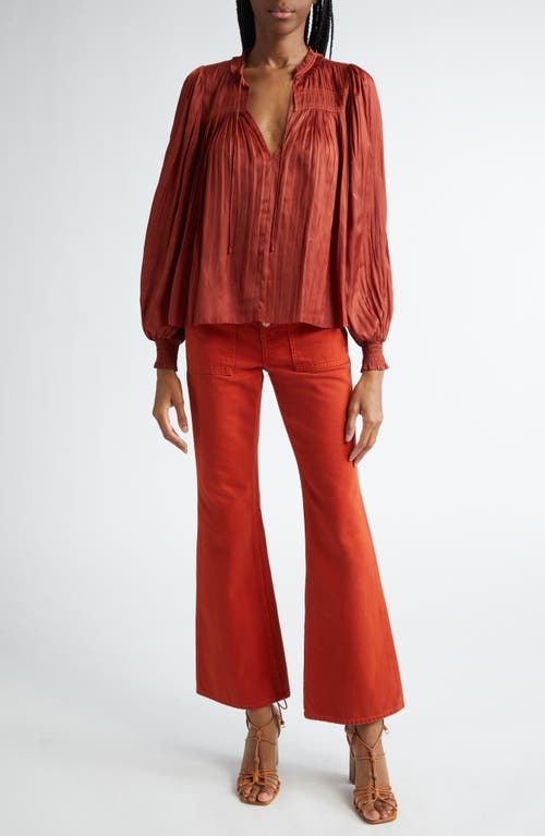 Shop Ulla Johnson Leah Split Neck Satin Top In Tierra