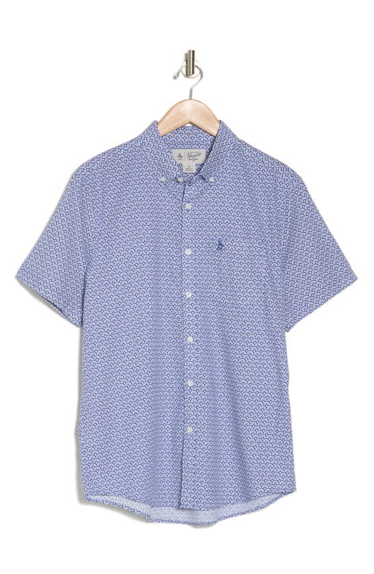 Shop Original Penguin Half Circle Print Short Sleeve Button-up Shirt In Mazarine Blue