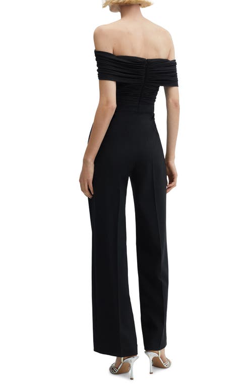 Mango Off-shoulder Jumpsuit With Gathered Detail Black In Black
