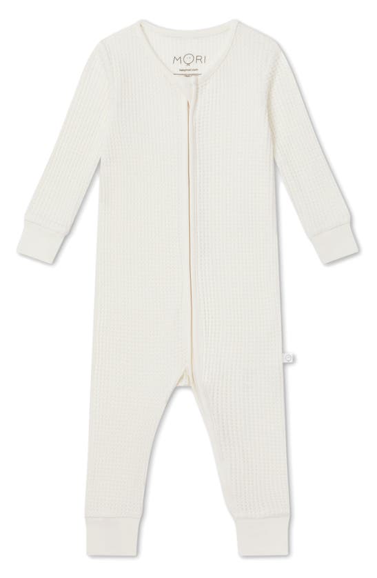 Shop Mori Clever Zip Waffle Fitted One-piece Pajamas In Ecru