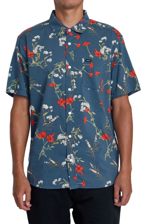 Shop Rvca Botanical Print Short Sleeve Button-up Shirt In Duck Blue