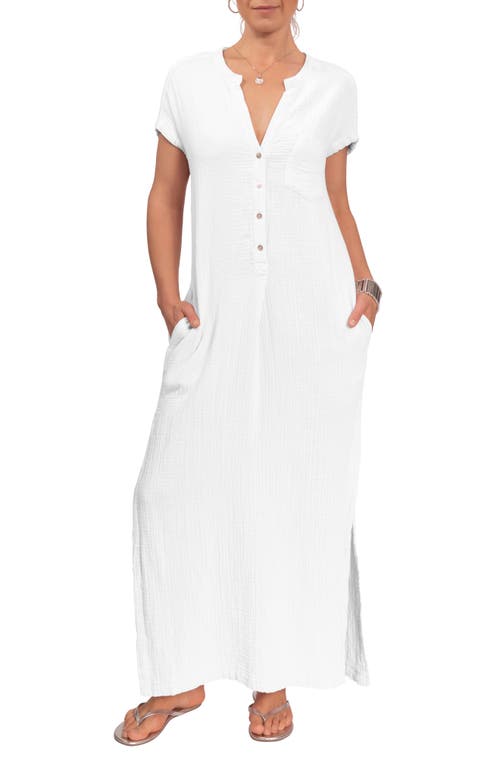 Stacey Split Neck Cotton Caftan in White