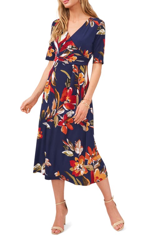 Floral Wrap Front Knit Midi Dress in Navy/Rust