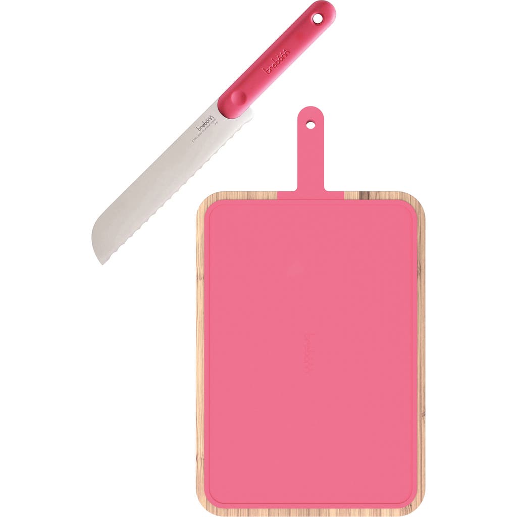 Trebonn Bamboo Chopping Board With Serrated Bread Knife In Pink