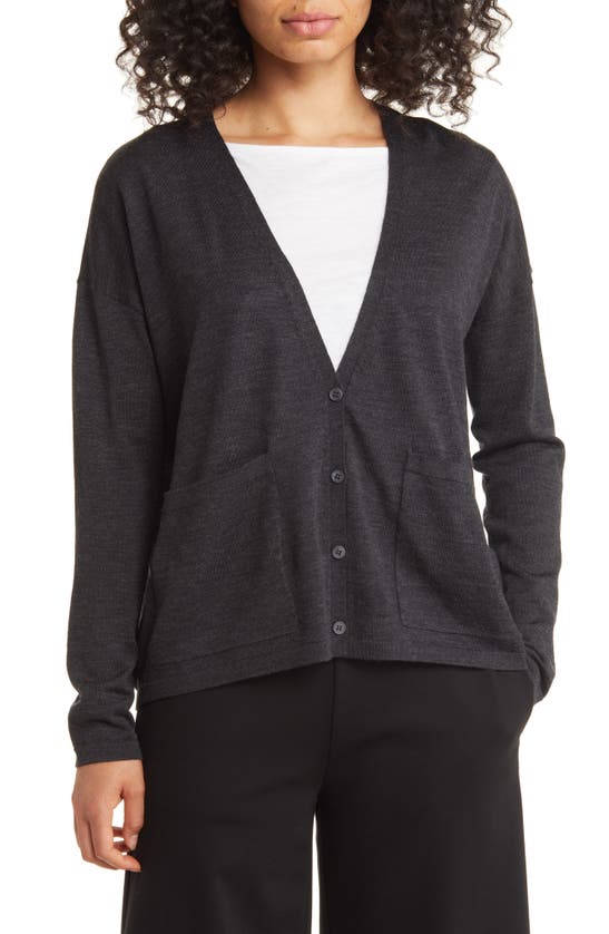 Eileen Fisher V-neck Merino Wool Cardigan In Charcoal