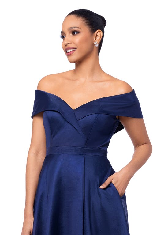 Shop Xscape Evenings Off The Shoulder Organza Gown In Navy