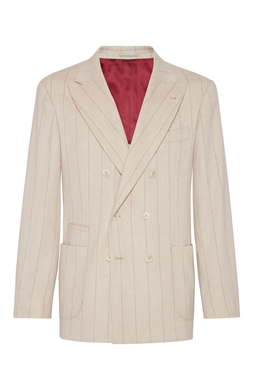 Shop Brunello Cucinelli Wool And Cashmere Wide Chalk Stripe Combed Flannel One-and-a-half Breasted Decons In Sand