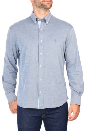 Tailorbyrd Micro Pique Long Sleeve Button-up Shirt In Navy