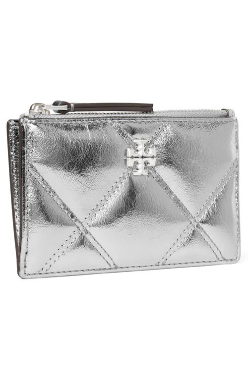 Shop Tory Burch Kira Metallic Diamond Quilted Leather Zip Card Case In Silver