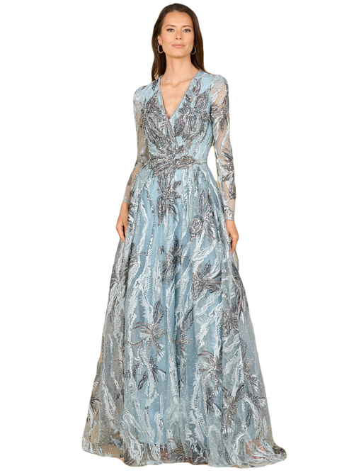 Lara New York Long Sleeve V-neck A-line Gown In Slate