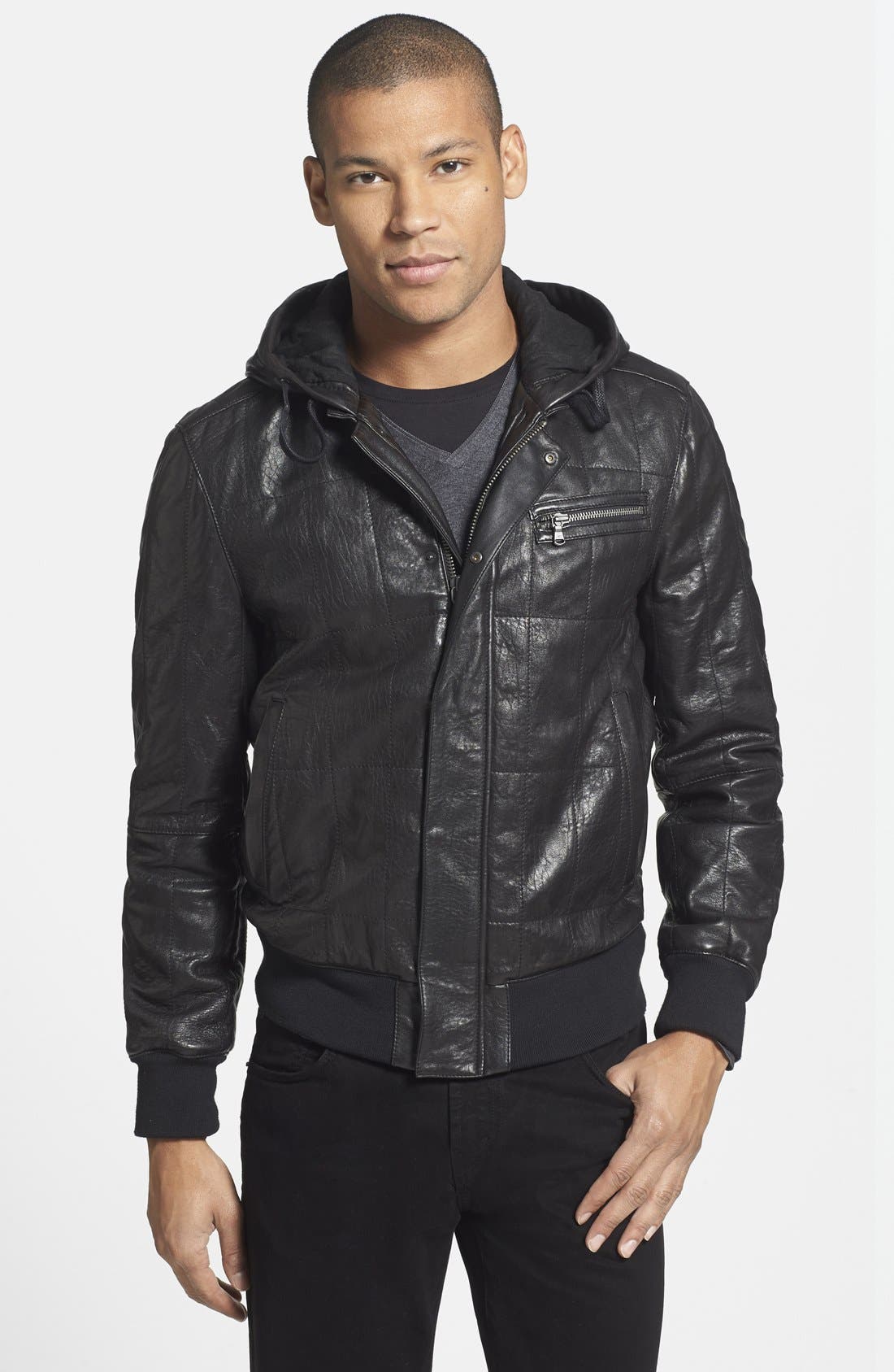 John Varvatos Star USA Hooded Leather Bomber Jacket Nordstrom