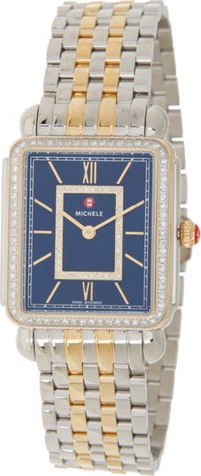 MICHELE Women s Deco Two Tone Diamond Embellished Bracelet Watch