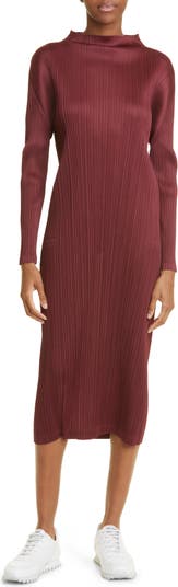 Pleats Please Issey Miyake Pleated Long Sleeve Midi Dress