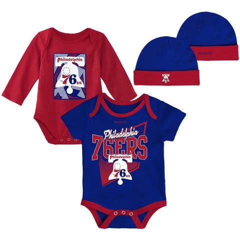 Newborn & Infant Mitchell & Ness Blue/Red Philadelphia 76ers 3-Piece Hardwood Classics Bodysuits & Cuffed Knit Hat Set